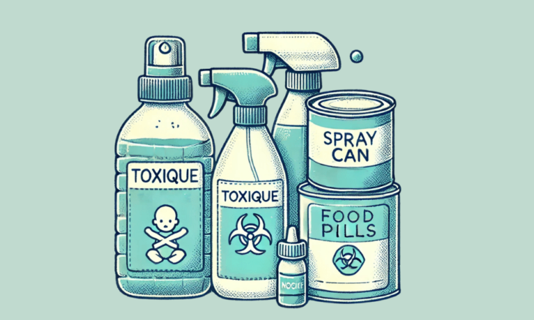Illustration de produits du quotidien contenant des substances toxiques et potentiellement des perturbateurs endocriniens : sprays, flacons, conserves et comprimés alimentaires avec pictogrammes de danger.