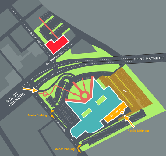 Plan d’accès à la Clinique Mathilde à Rouen, indiquant les bâtiments, les entrées, les parkings P2 et les accès depuis le boulevard de l’Europe, la rue de Lessard et le pont Mathilde.